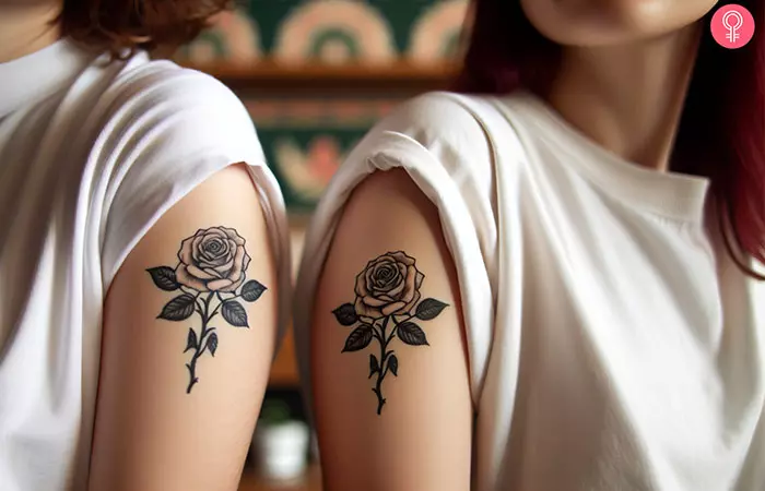 A matching rose tattoo on the upper arm