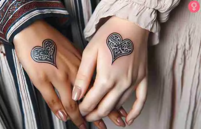 Matching friendship heart tattoos on the hand