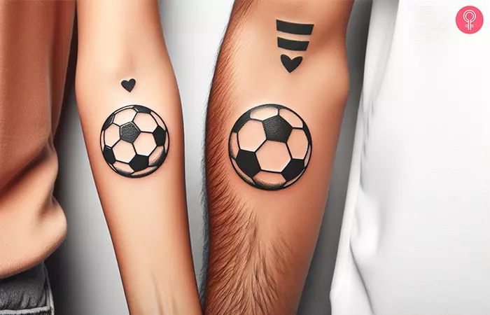 Matching soccer tattoos on the lower arms of a couple