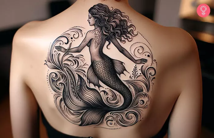 Woman with mermaid tattoo on her back