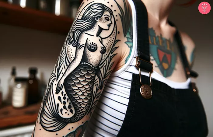 Woman with a mermaid tattoo sleeve