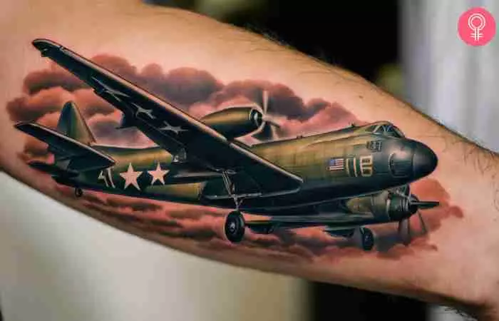 Military aircraft tattoo on the forearm