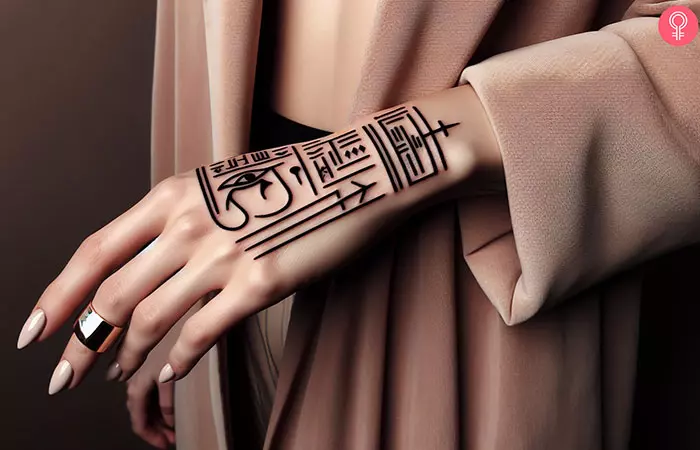 Minimalist hieroglyphics tattoo on the back of the hand