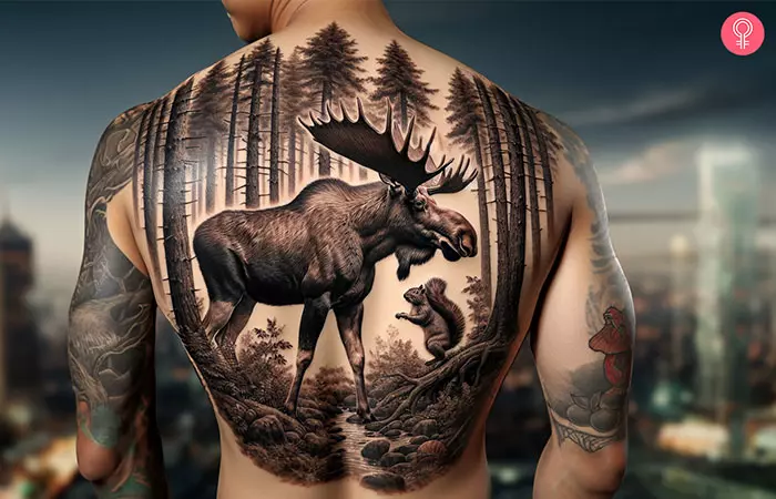 A moose and squirrel tattoo on a man’s back