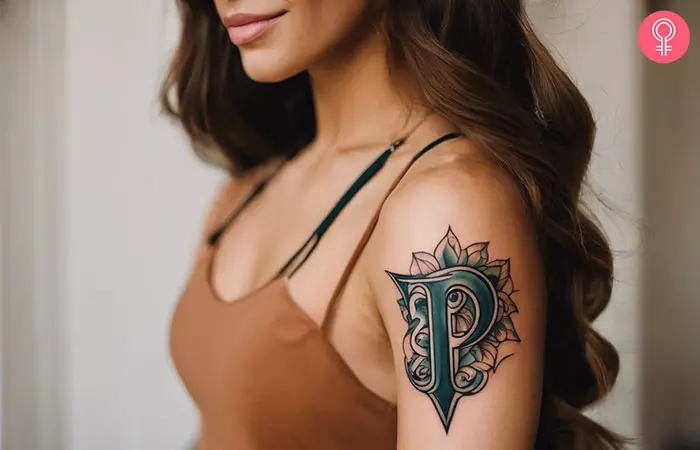 Stylish P tattoo in neo-traditional style