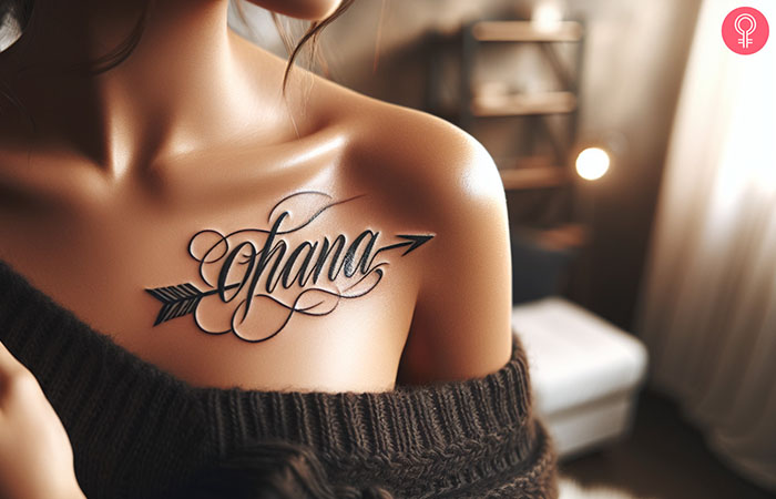A woman with an ohana and arrow tattoo on her chest