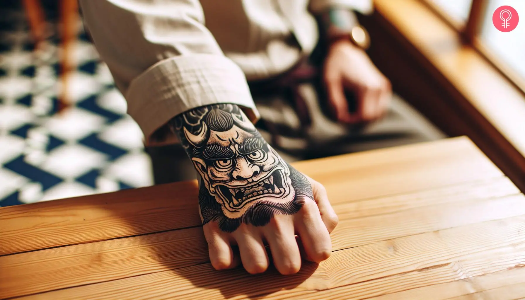 Oni mask tattoo on the back of the hand