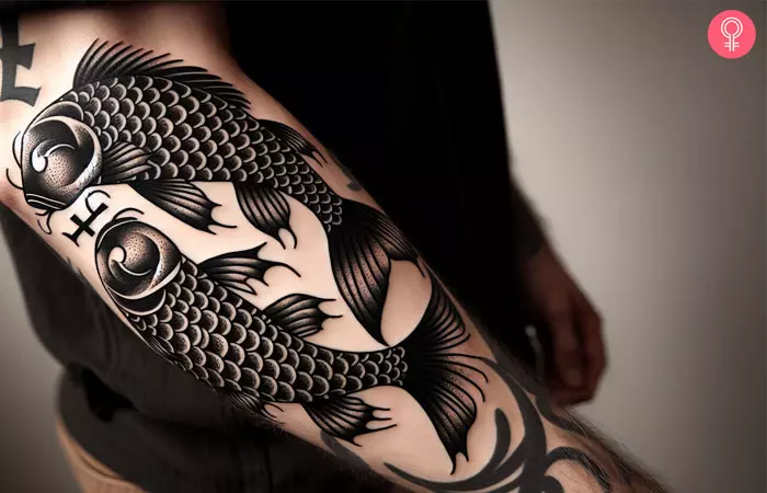 A man with a black pisces tattoo on the arm