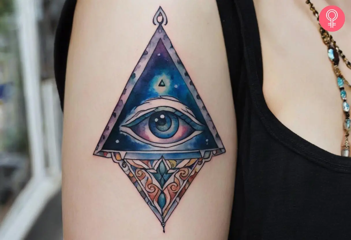 Watercolor planchette tattoo with third eye