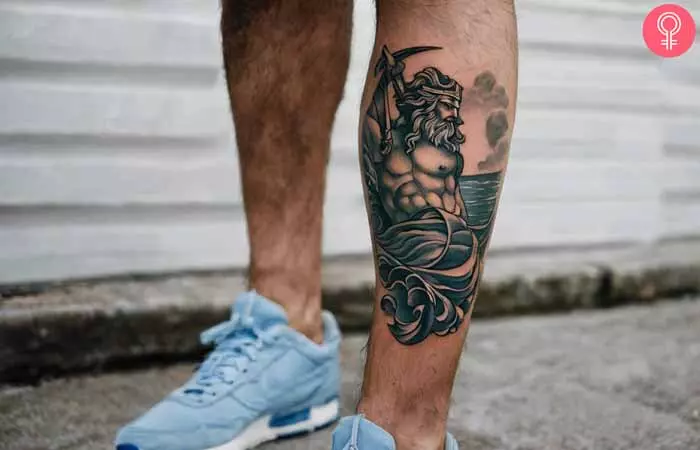 Poseidon tattoo on the calf