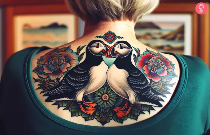 Puffin couple tattoo on a woman’s back