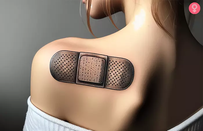 A realistic band-aid tattoo on the shoulder