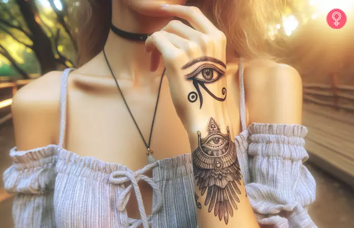 A realistic eye-of-Horus tattoo design on the back of the hand