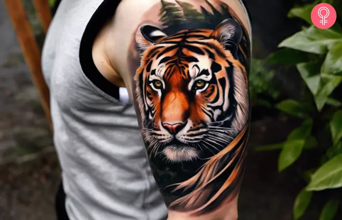 A Realistic Tiger Tattoo on the upper arm