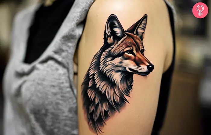 Realistic coyote tattoo on a woman’s arm