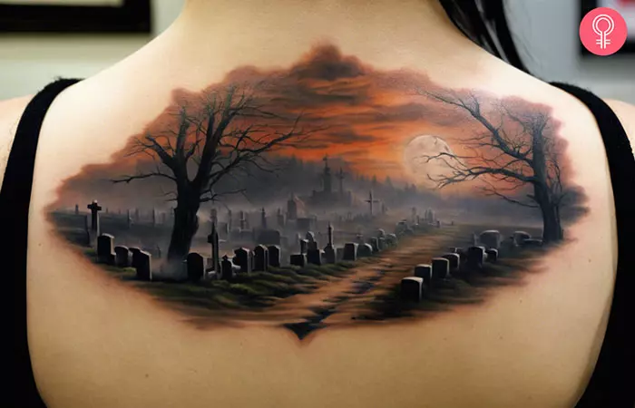 Realistic upper back graveyard tattoo