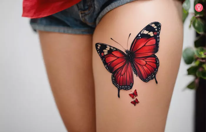 A red butterfly tattoo on a woman’s thigh