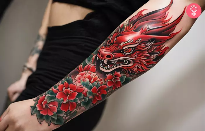 Chinese red dragon tattoo on the arm