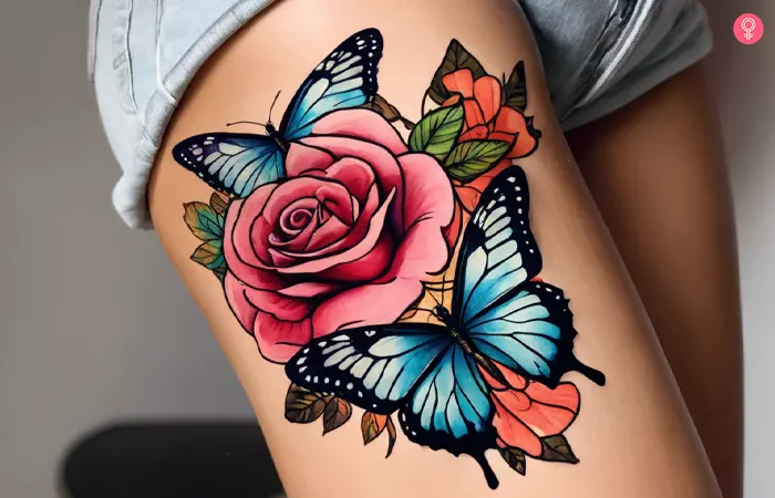 A tattoo of a pink rose and two blue butterflies on a woman’s thigh
