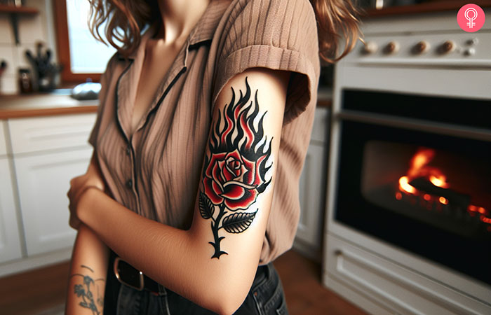 A rose on fire tattoo design on the upper arm of a woman