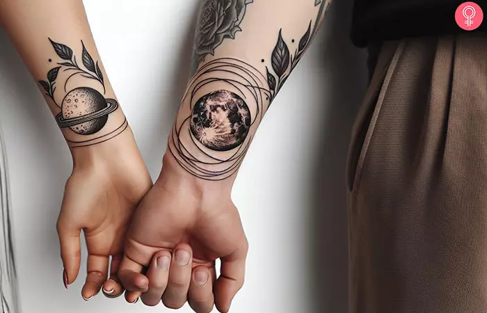 Saturn and moon matching couple tattoo