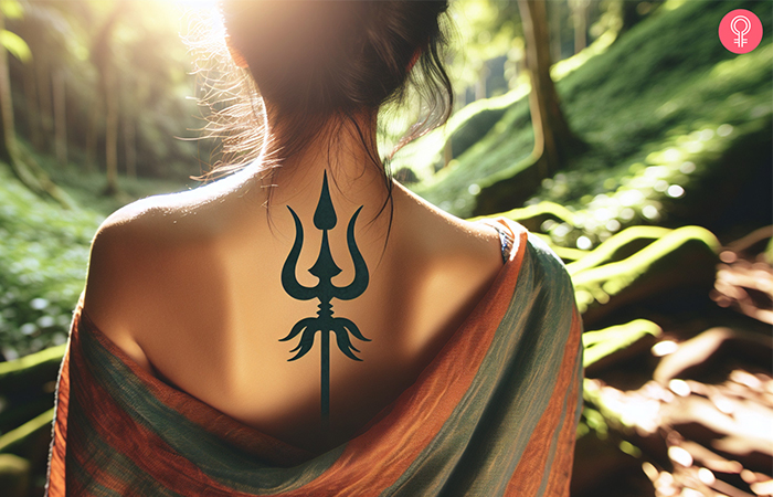 A woman with a Shiva trident tattoo on the back.