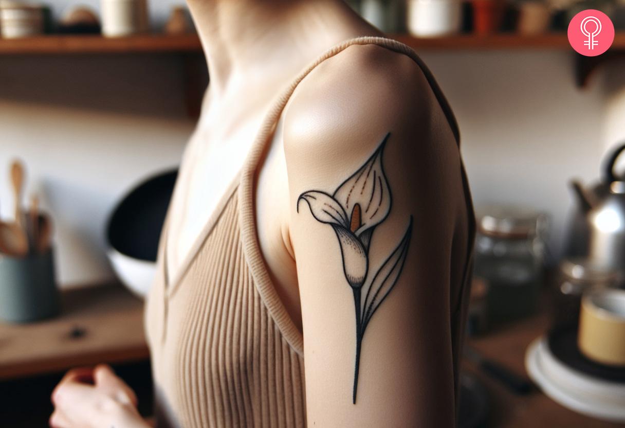 Simple Calla Lily tattoo on a woman's upper arm