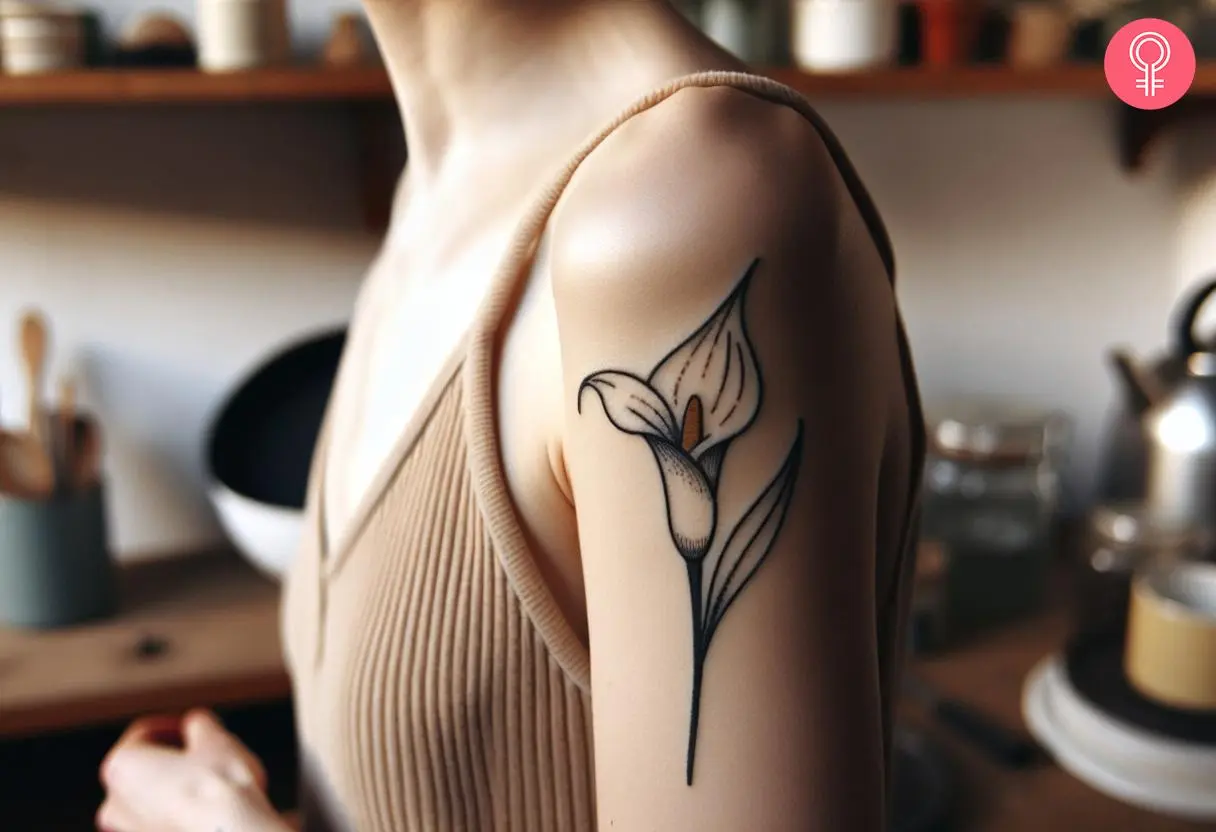 Simple Calla Lily tattoo on a woman’s upper arm