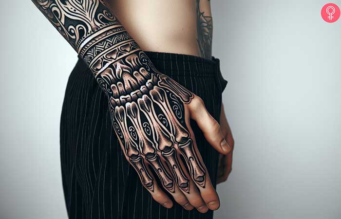 A man with an ornamental skeleton hand tattoo