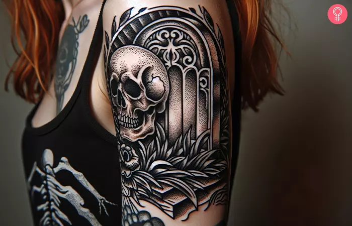A skull tombstone tattoo on the upper arm