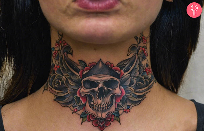 Skull tattoo on the throat