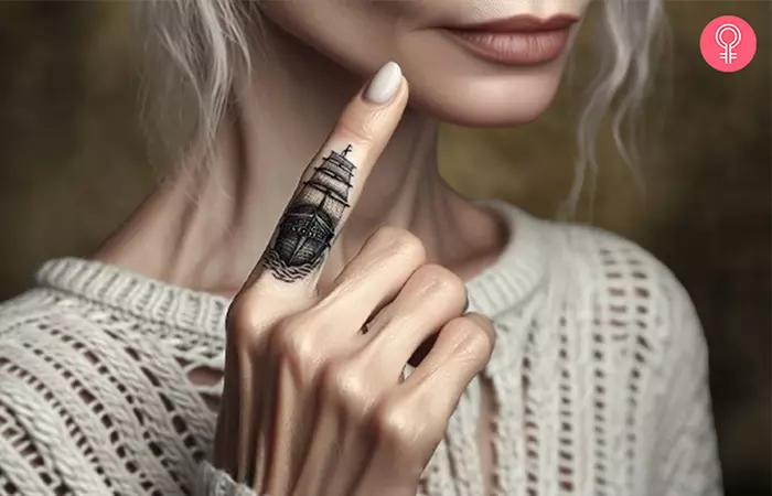 Small realistic ship tattoo on the finger of a woman
