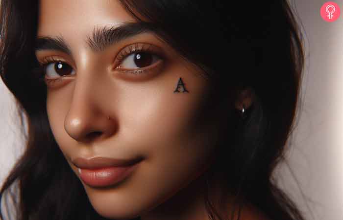 Small alphabet under eye tattoo