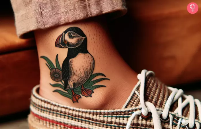 Small puffin tattoo on ankle