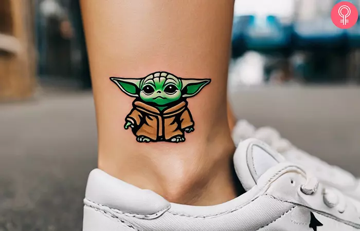 Small tattoo of Baby Yoda on the ankle