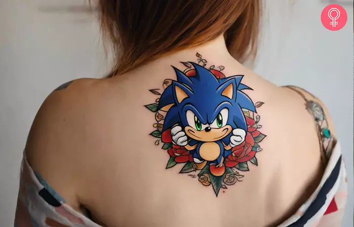 Sonic the Hedgehog tattoo on a woman’s upper back