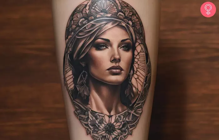 Spiritual goddess tattoo on the forearm of a woman