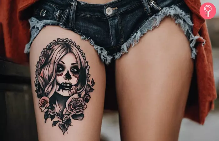 Spooky girl Halloween flash tattoo on the thigh