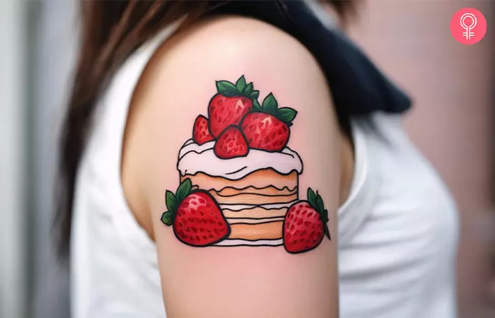 Strawberry shortcake tattoo on the upper arm