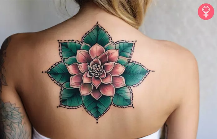woman with succulent plant tattoo on her back