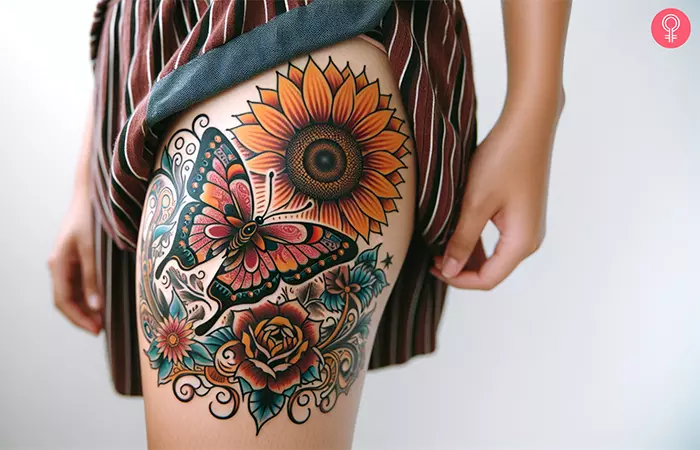 A thigh tattoo of a colorful butterfly flying towards a sunflower