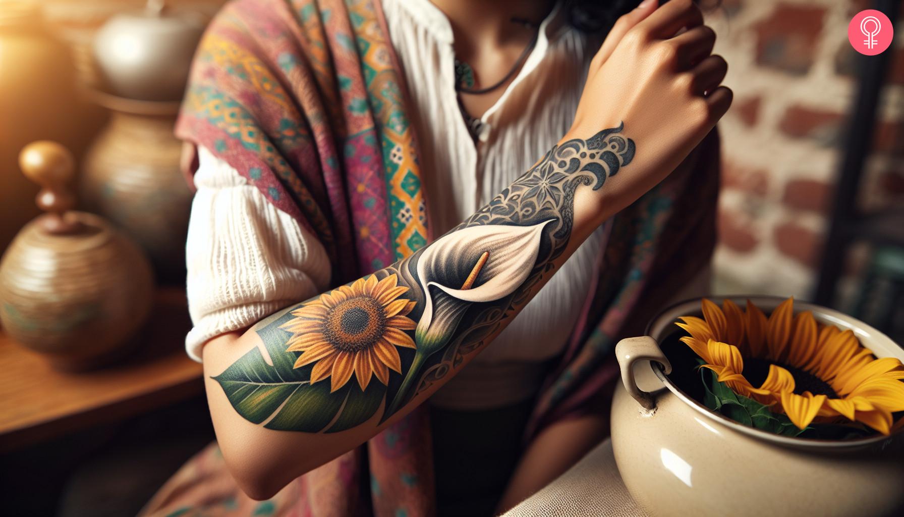 Sunflower and Calla Lily tattoo on a woman's forearm