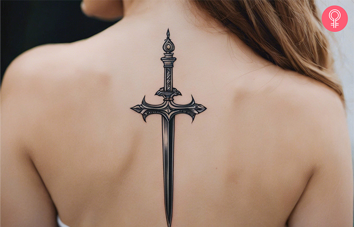 Woman with sword back tattoo