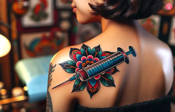 Syringe neo-traditional medical tattoo on the back