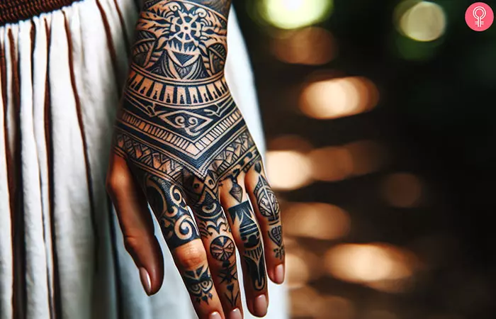 A woman with a Taino tattoo on her hand