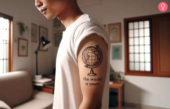 “The World Is Yours” script tattoo with a globe on the arm of a man