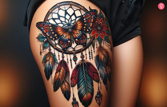 A woman with a thigh tattoo of a butterfly sitting on a dream catcher