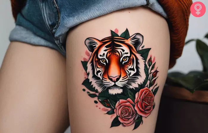 Woman with a tiger and rose tattoo on the thigh