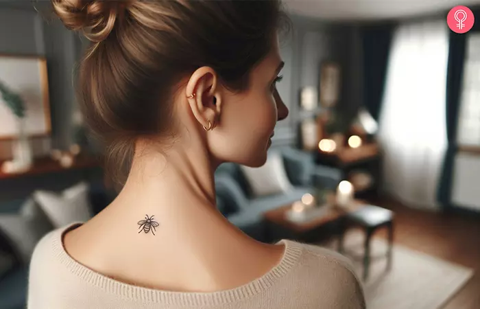 A tiny black bumble bee tattoo on the back