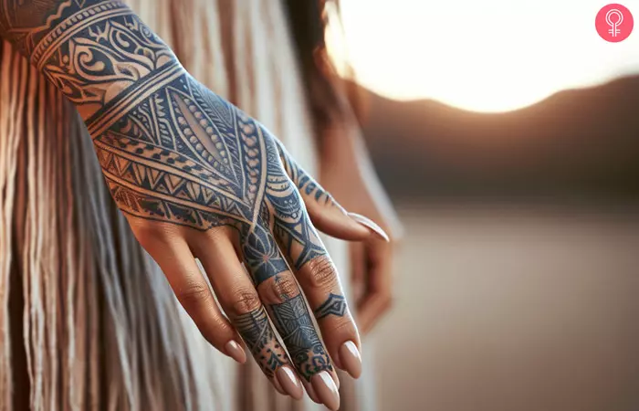 A woman with a Tongan hand tattoo